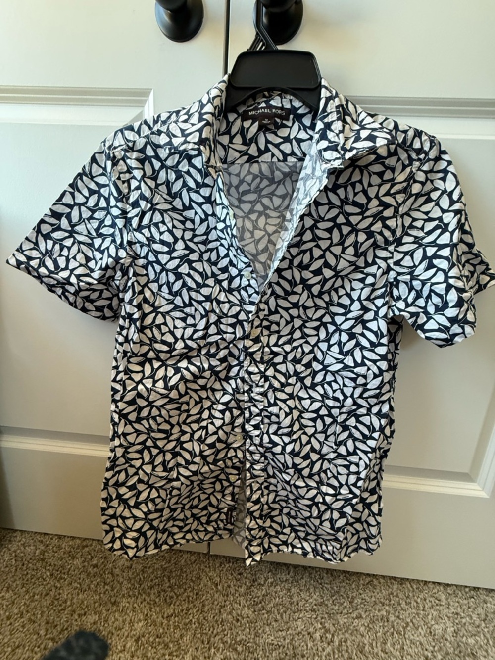 Michael Kors Navy and White Leaf-Print Short Sleeve Button-Down Shirt